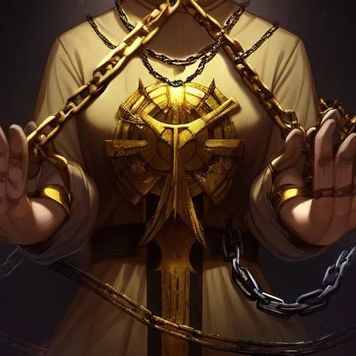 breaking out of chains, hands look realistic, chains are broken, anime, freed, breaking the links in a chain to escape, reowning her power, chain is gold, liberation, breaking the chains with her hands