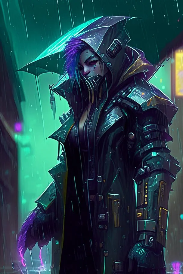 Shen from League of Legends in style cyberpunk in the rain