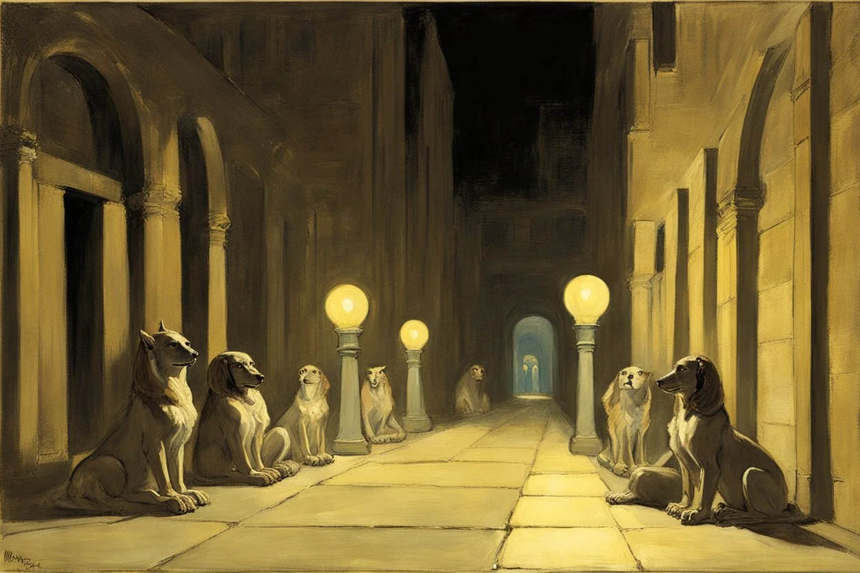 at night in an alley with noctilucent glass sphinxes on both sides, torches, perspective, centered, symmetry, vanishing point,by artist "William Merrit Chase"