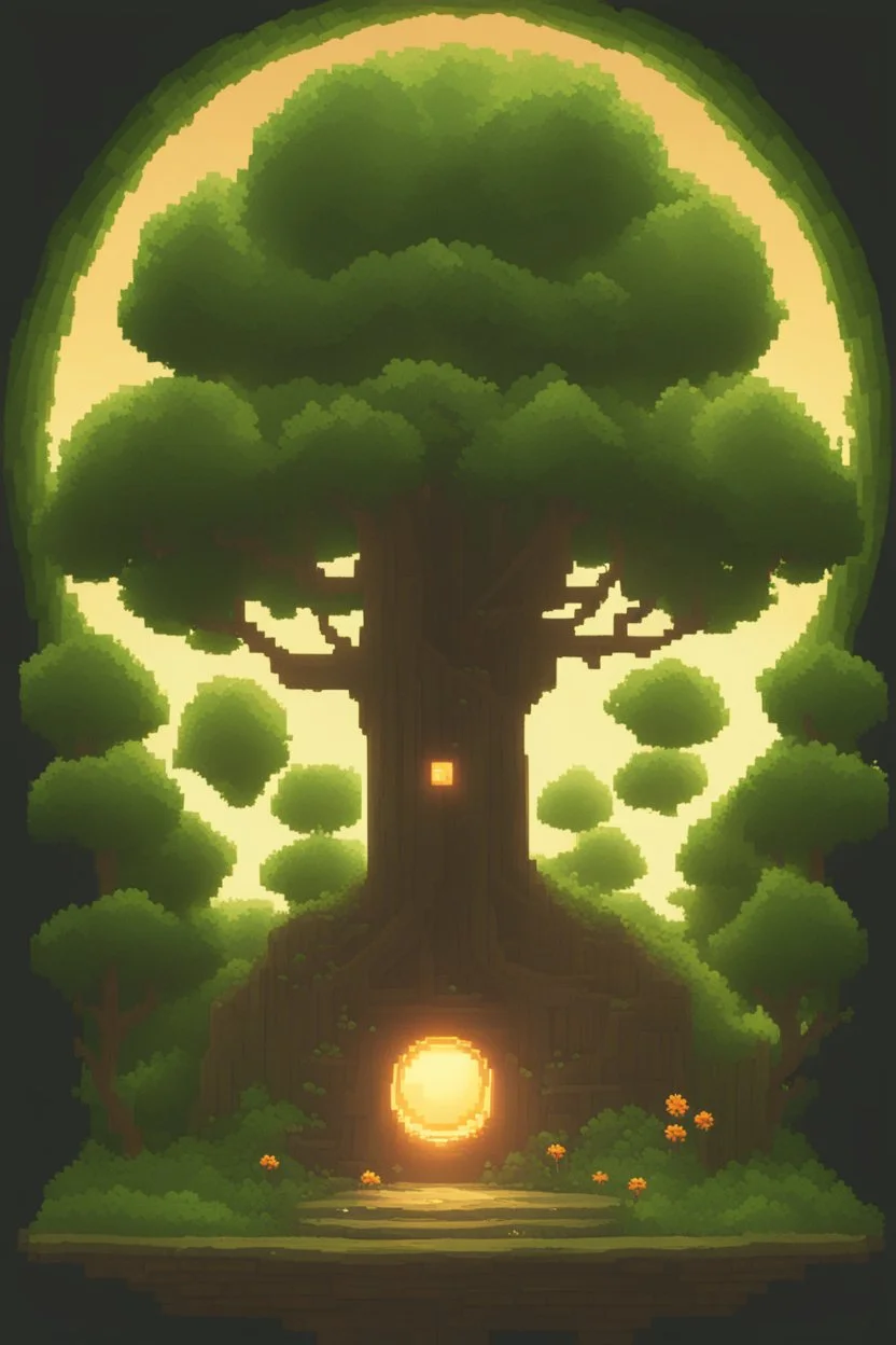 a pixel tree that sprouts in the shape of a portal for the 2d sidescroller game