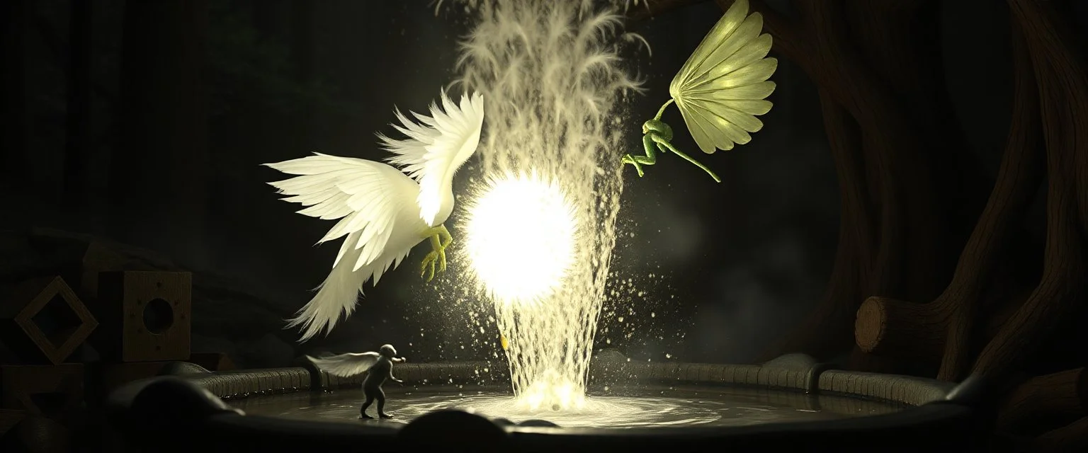 radiant white feather light mirror bounce ancient angelic gremlin wooden treant Robot by dark fountain, spell