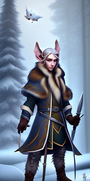 Cute and adorable elven adventurer with small pointy ears dressed in a warm overcoat with survival gear, with adorable symmetric face and boots Cedric Peyravernay Art, anthropomorphic --ar 2:3 --beta --upbeta --upbeta