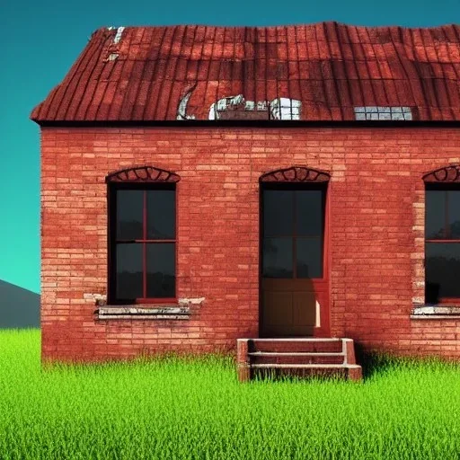 Abandoned house, brick walls, highly detailed, hill in the background, two windows on the front wall, with roof, hyperrealistic