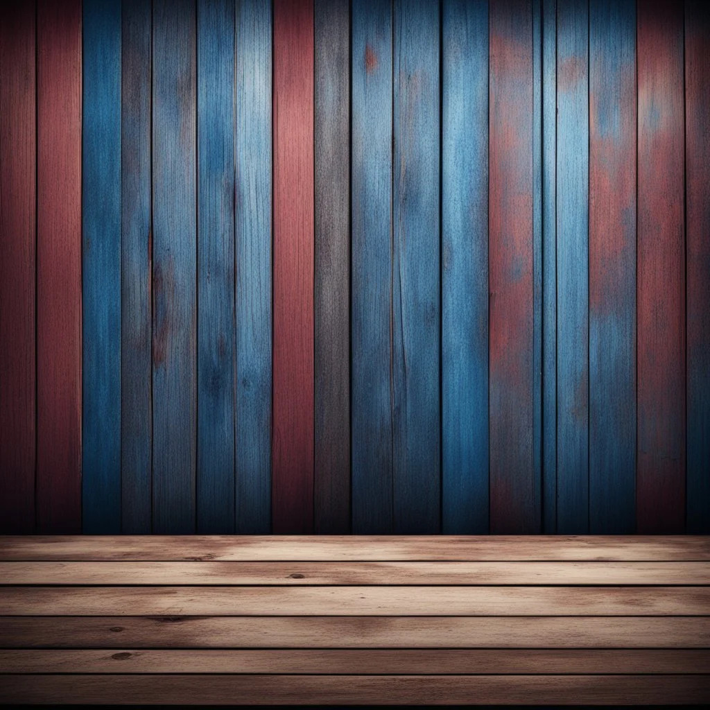 Hyper Realistic navy-blue & maroon multicolor grungy rustic wooden plank wall texture in an empty room with window vignette effect