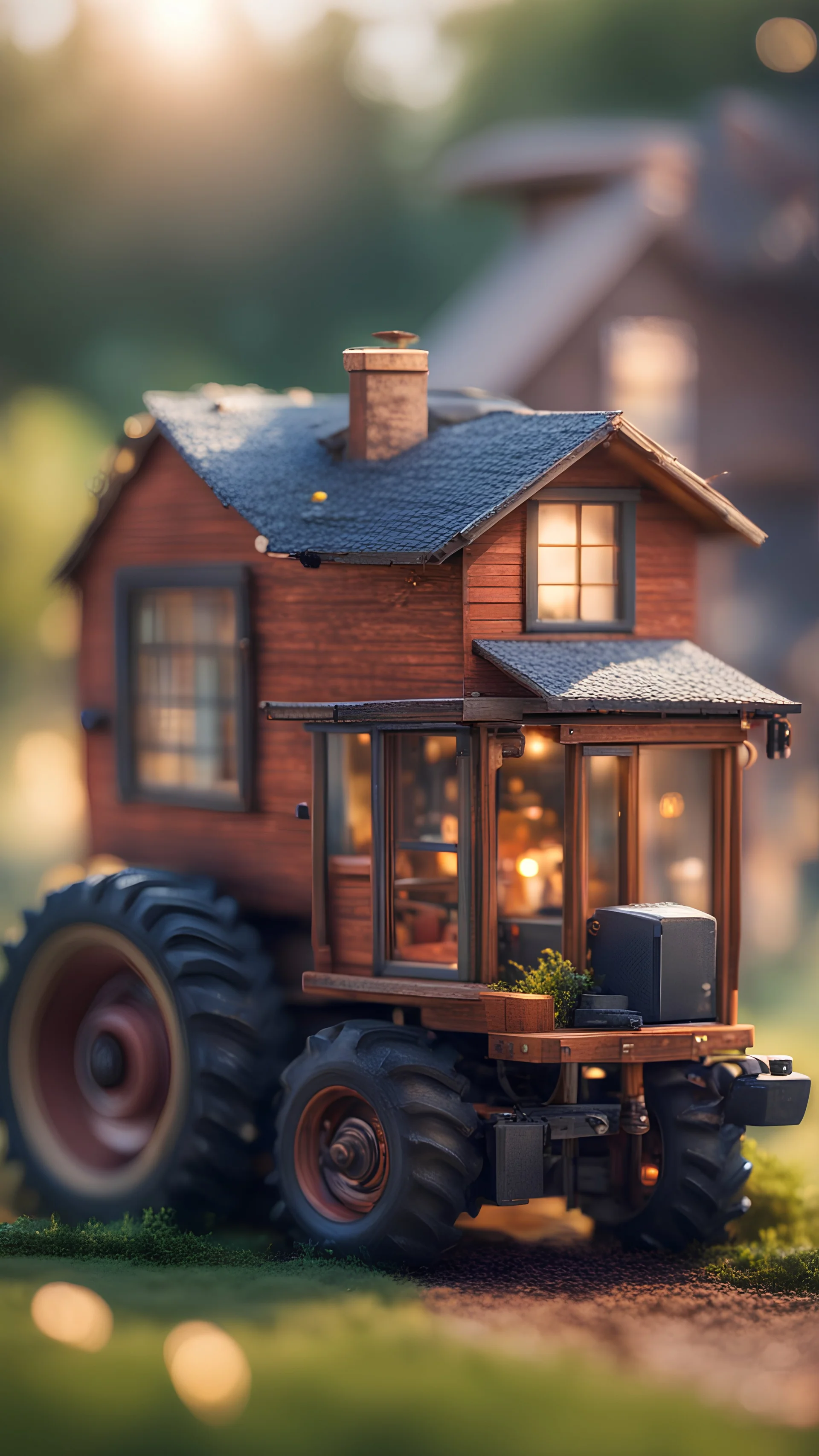 tractor with a small house on top,bokeh like f/0.8, tilt-shift lens 8k, high detail, smooth render, down-light, unreal engine, prize winning