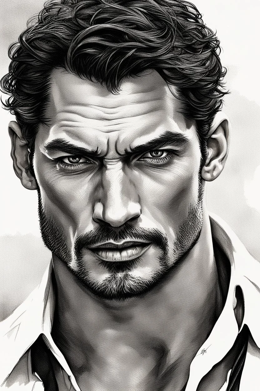 David Gandy Very muscular man short cropped hair and rough beard, tribal tattoos wearing white button up shirt, realistic face, close-up, dark fantasy, inside, intricate details, hyper detailed, photograph