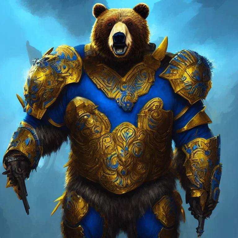 An angry bear warrior in blue and gold armor, background of Inka jungle, high detail, smooth, realistic, digital illustration, Artstation, artgerm,