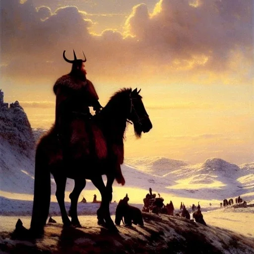 portrait of 'The Northman-Viking King on horse',ancient metal armor,castle,army, snow, cold, painting by gaston bussiere, greg rutkowski, yoji shinkawa, yoshitaka amano, tsutomu nihei, donato giancola, tim hildebrandt, evan lee,oil on canvas, cinematic composition, extreme detail,fit full head inside picture,16k