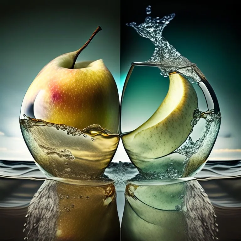 Beautiful double image by blending a windy sea and glass pears. The sea should serve as the primary background, skillfully incorporating its details into shiny glass pears, sharp focus, double exposure, shiny glass apple, (pear transparent glass shape) (sea inside) lifeless, dead, glass apple, earthy colors, decadence, complex design, ultra-realistic, high-definition, highly detailed, dark softbox image, ray tracing, cinematic, HDR, realistic (double exposure: 1.1)