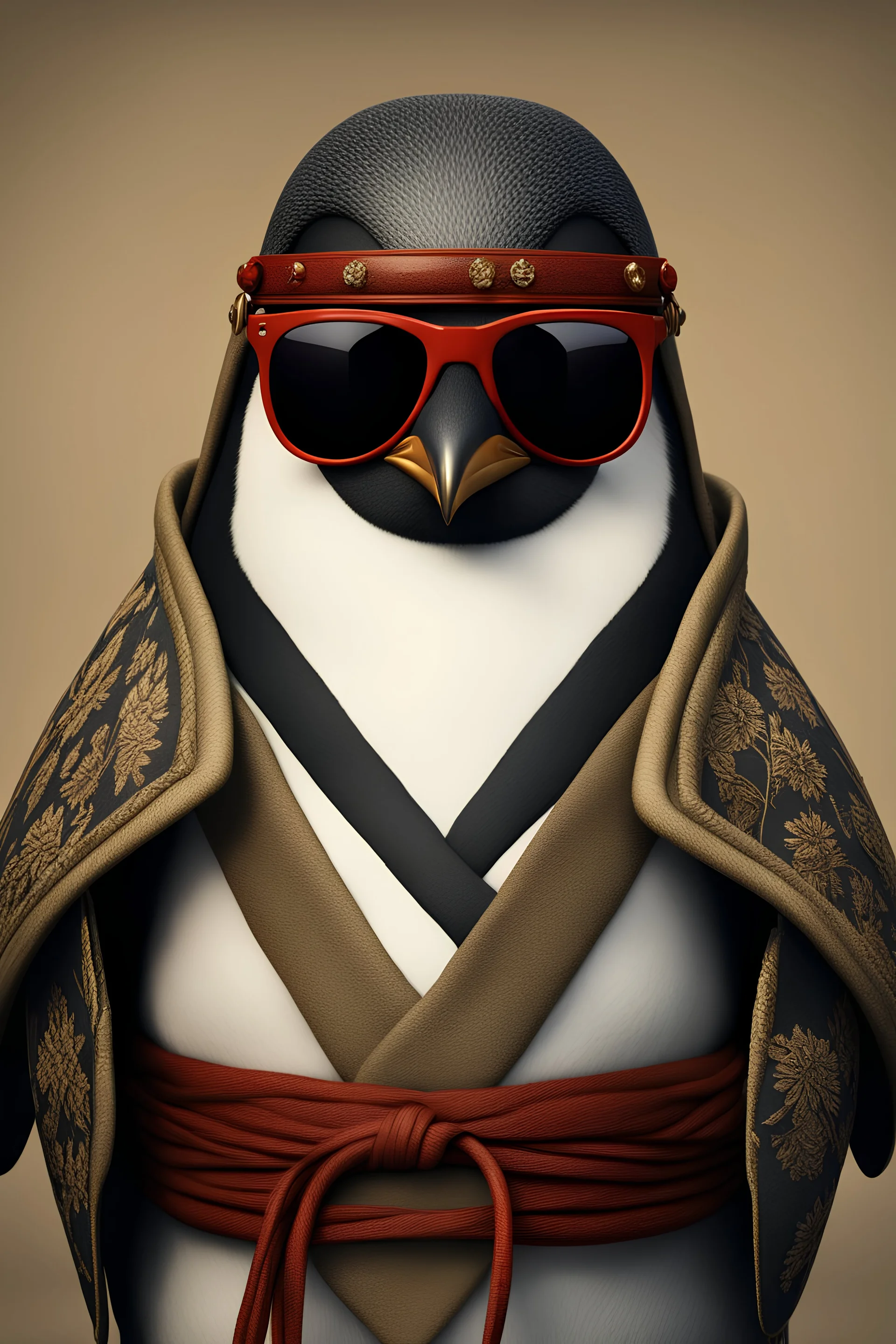 A penguin in samurai dress, portrait, wearing sunglasses ,Photorealistic, next level resolution, 4k, ultra quality, hyper realistic, detailed+