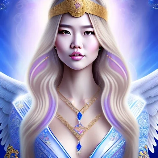 portrait of a beautiful mongolian woman with an angel face smiling,long blond hair, blue eyes, pink and blue dress, jewels, soft light aura