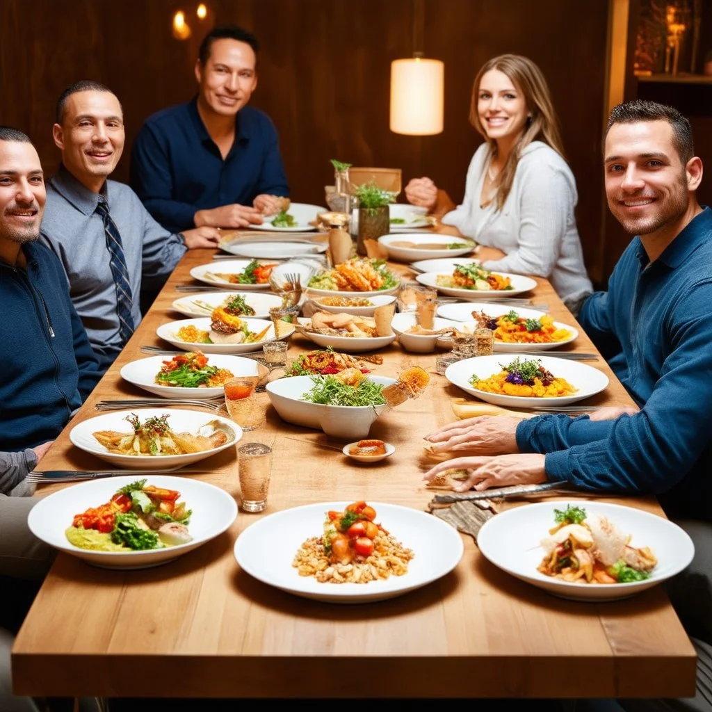 dinner table with large family seated with large white plates in front of them with tiny micro portion of gourmet food, minimal haute cuisine, photorealism, HD,