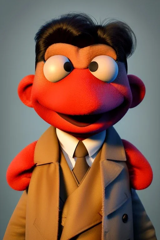 Waist up muppet Portrait, Kim Jong-un muppet doll, black suit, photo studio, red background, unreal engine 5, concept art, art station, god lights, ray tracing, RTX, lumen lighting, ultra detail, volumetric lighting, 3d.