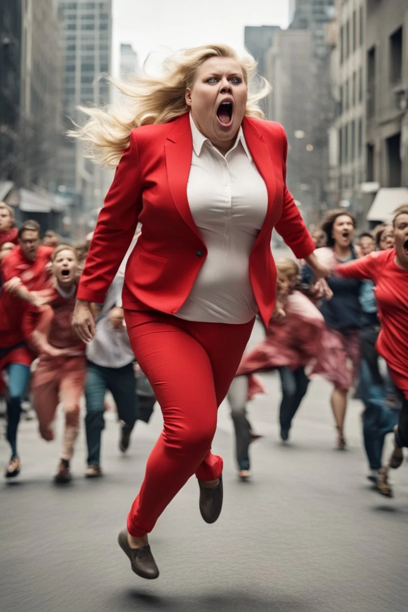 an obese terrified blonde woman in a red pant suit desperately running away from an angry mob of hundreds of people chasing her from a city block behind