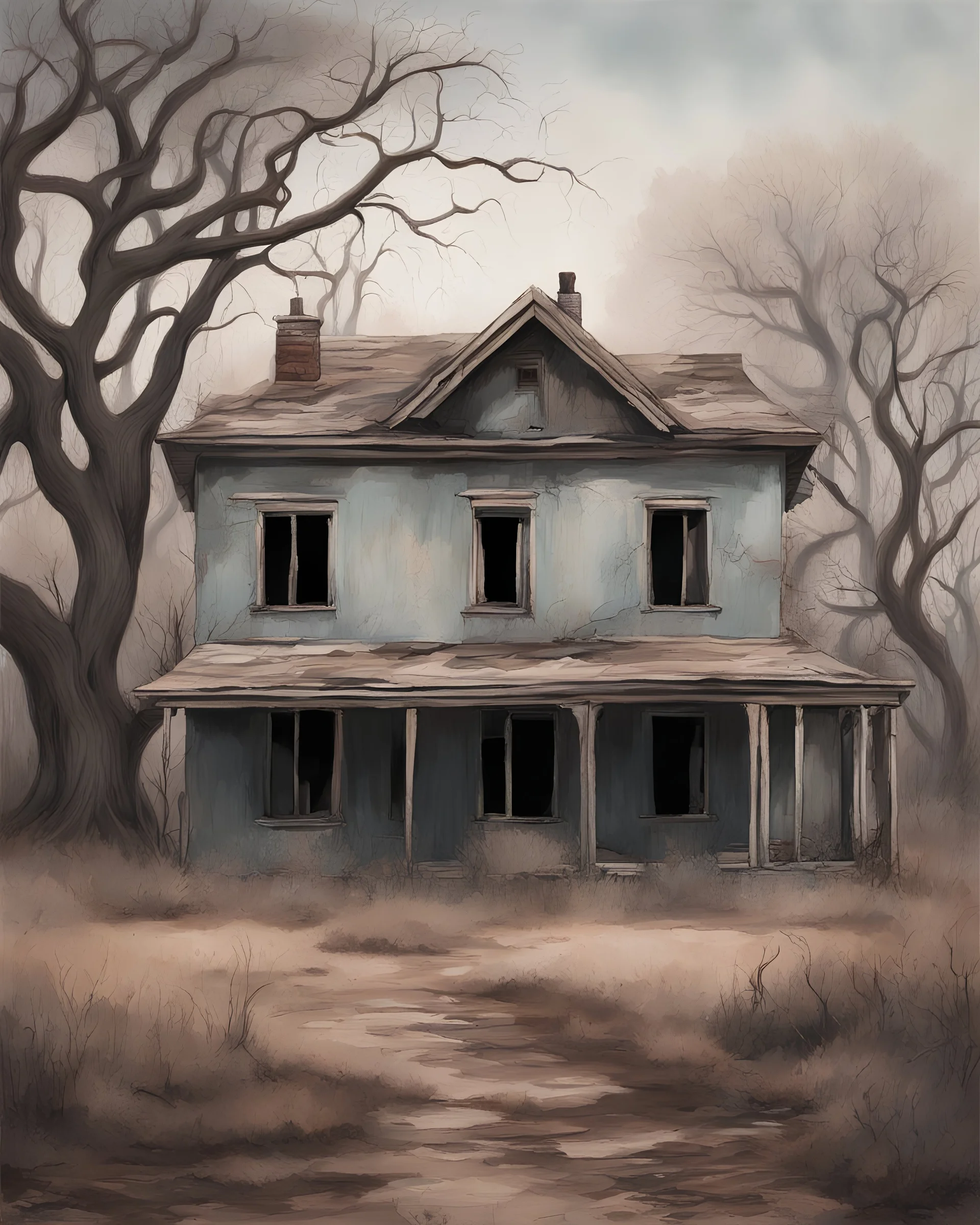 A realistic scene, an old home from the 1930's. the trees are barren. it is very depressing, A melancholic and nostalgic image of an old abandoned house, with peeling paint and overgrown vines,