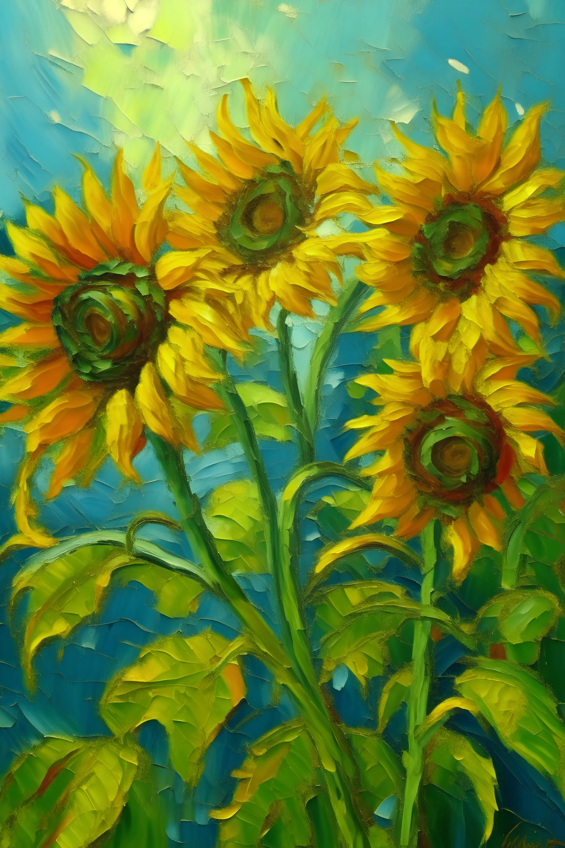 oil painting with the spatula technique, three sunflowers by van gogh