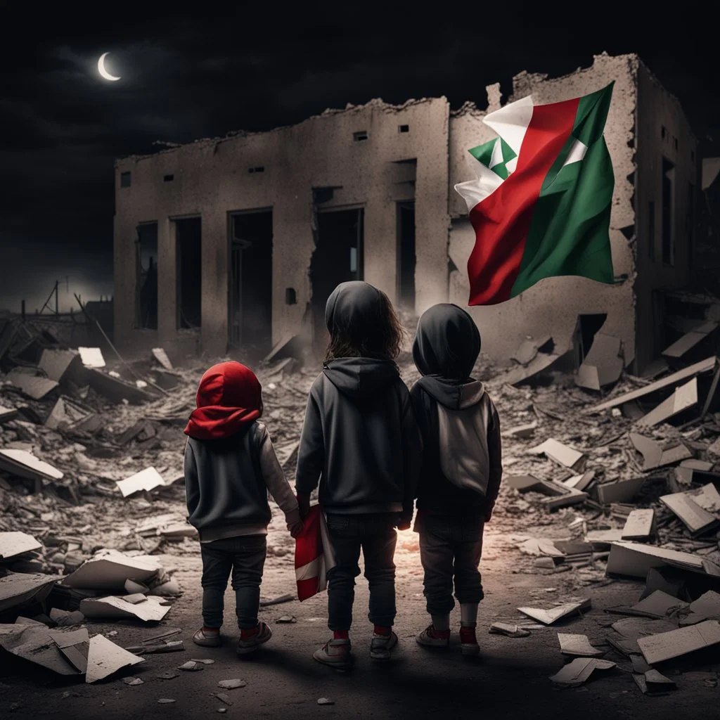 Hyper Realistic Children crying outside a destroyed building in a dark night with Palestine Flag