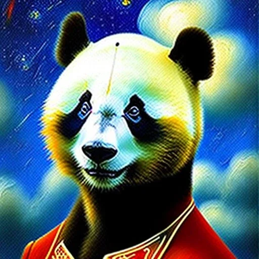 Dibujo al oleo de un oso panda con nubes de colores estilo Vincent van Gogh