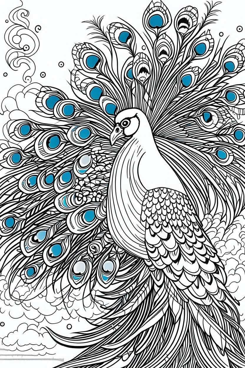 HAPPY NEW YEAR colouring page for kids,Peacock displays stunning plumage HAPPY NEW YEAR, thick outline, low details, no shading, no colour