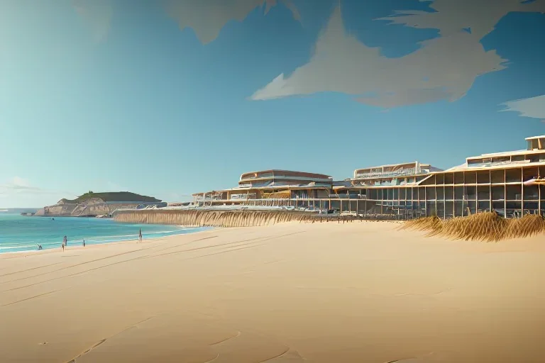 Beach and dunes in algarve, a modern luxury beach restaurant architecture building WITH STRAIGHT LINES AND CANNOPY, white render and wood stripe vertical elements with gold metallic details, overlooking the beach, hyper realistic 8k ultra render