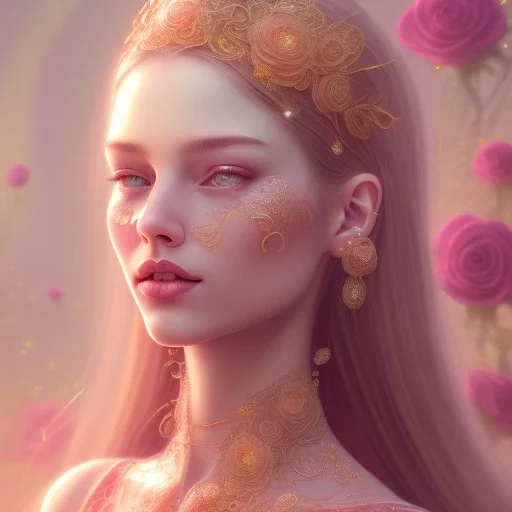 red rose beautiful girl smile,utra realistic,highly detailed, gold, pink, jewels, lace, masterpiece, delicate detailed, sharp focus, insanely detailed, fantasy art, intricate detailed, elegant, fog, Special Lighting, Vibrant, color Scheme, forest, unreal engine 5, trending on artstation