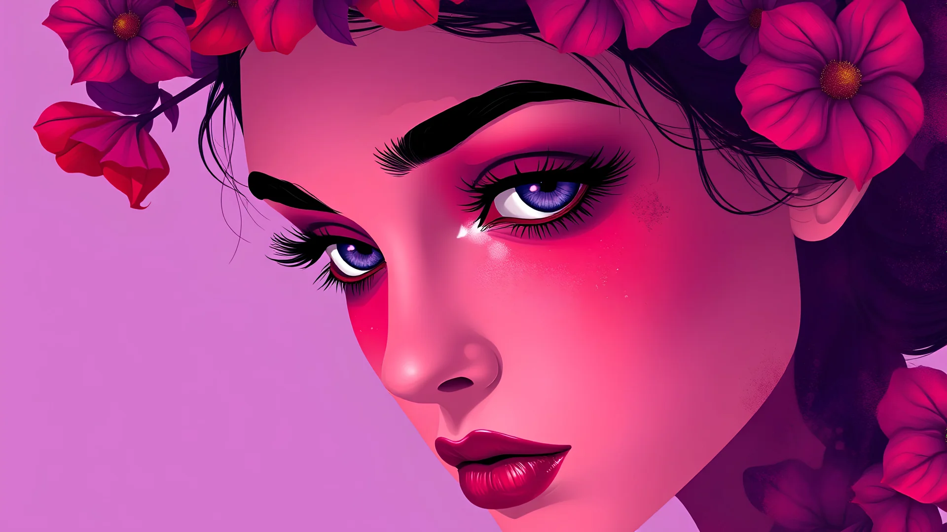 Art illustration, serious expression, crimson, heliotrope purple, purple mimosa,