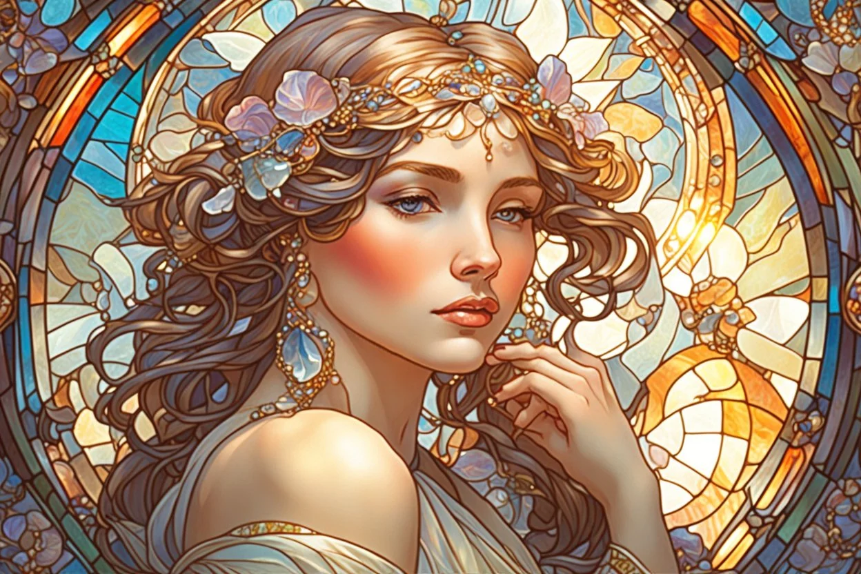 Stained Glass beautiful girl with jewels, pastel colors, in sunshine elegant extremely detailed very attractive beautiful dynamic lighting colourful Alphonse Mucha