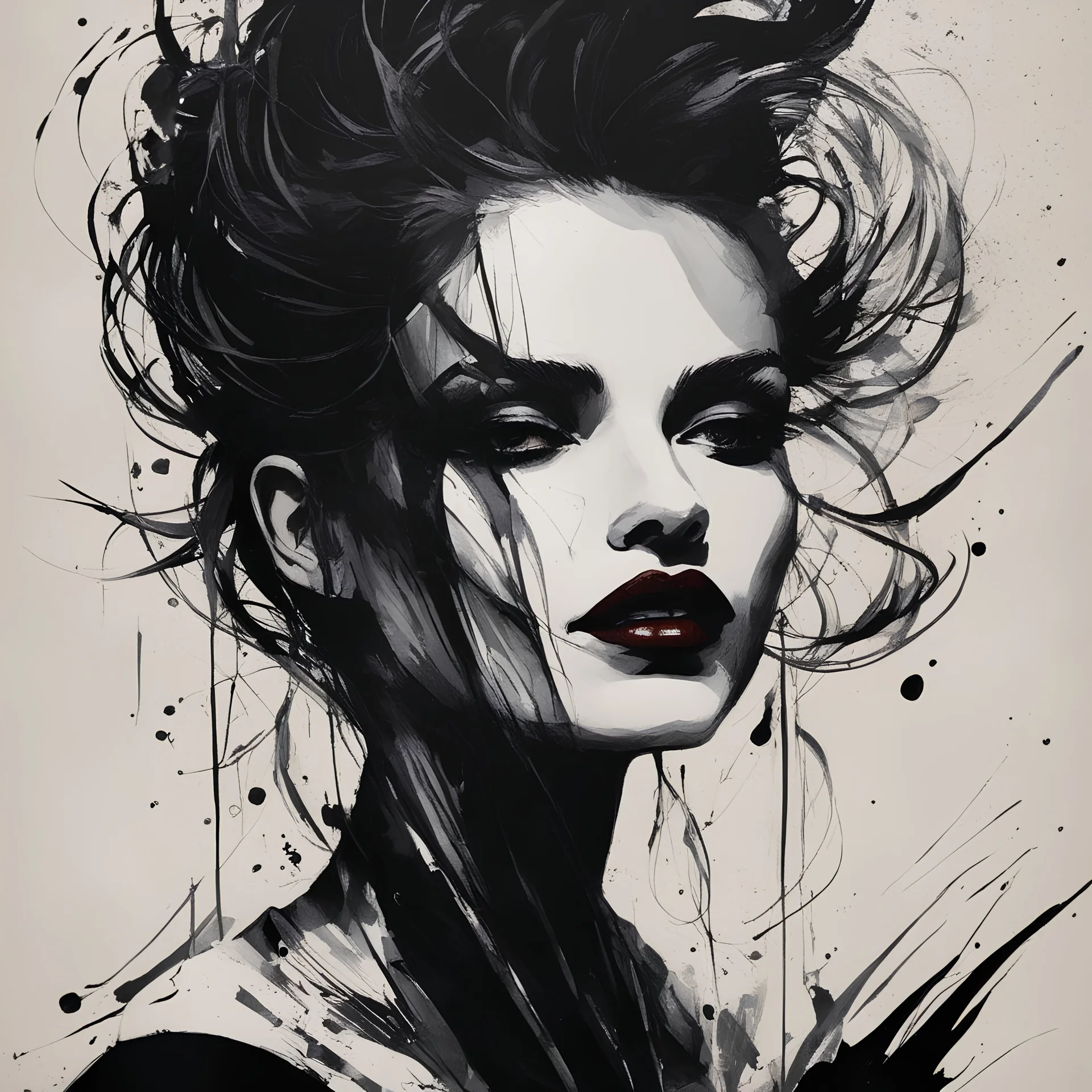 chiaroscuro portrait illustration of a vampire girl, in the style of threadbare abstract expressionism, ebony , black, and pewter , vintage abstract cut-and-paste, ricoh gr iii, editorial illustrations, fine lines, highly detailed hair and facial features