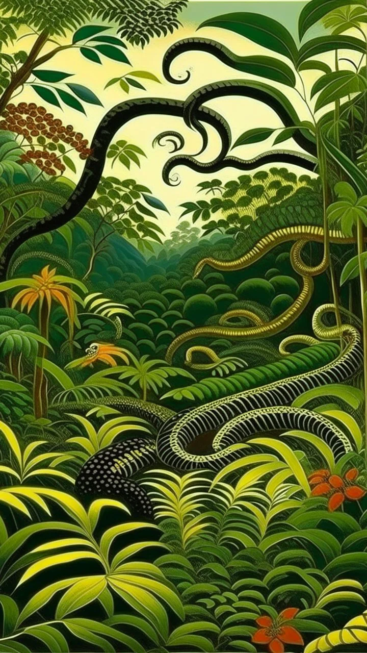 A rainforest filled with vipers painted by Henri Rousseau