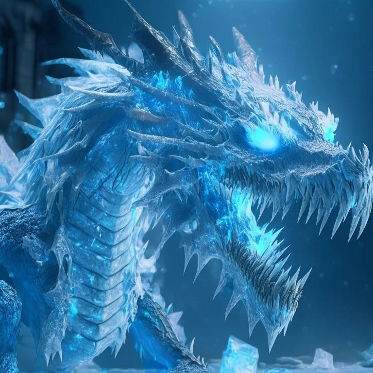 Giant horrific zombie dragon made of bones and ice, covered with glowing blue slime, photorealistic, unreal engine 5, masterpiece, trending on artstation