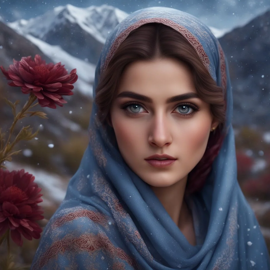 Hyper Realistic close-up-view of a Gorgeous-Young-Pashto-Women-with-beautiful-eyes whirling wearing blue-grey-dress & beige-shawl-with-maroon-embroidery on mountains-with-flower-garden at snowfall night withy dramatic & cinematic ambiance