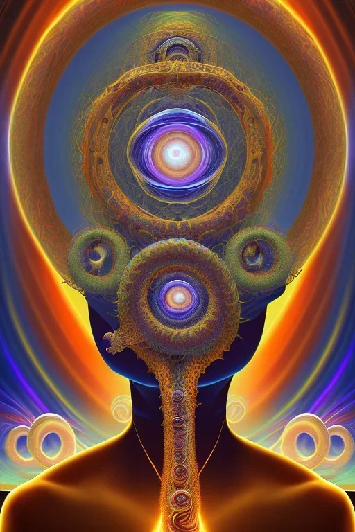 Spiritual being with Tentacles over human Head creating reality around, wrapping Spiral around Human, Psychedelic