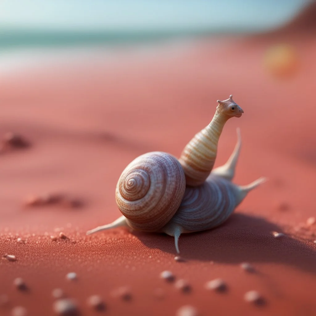 elongated gremlin female snail witch on the red sand beach ,bokeh like f/0.8, tilt-shift lens 8k, high detail, smooth render, down-light, unreal engine