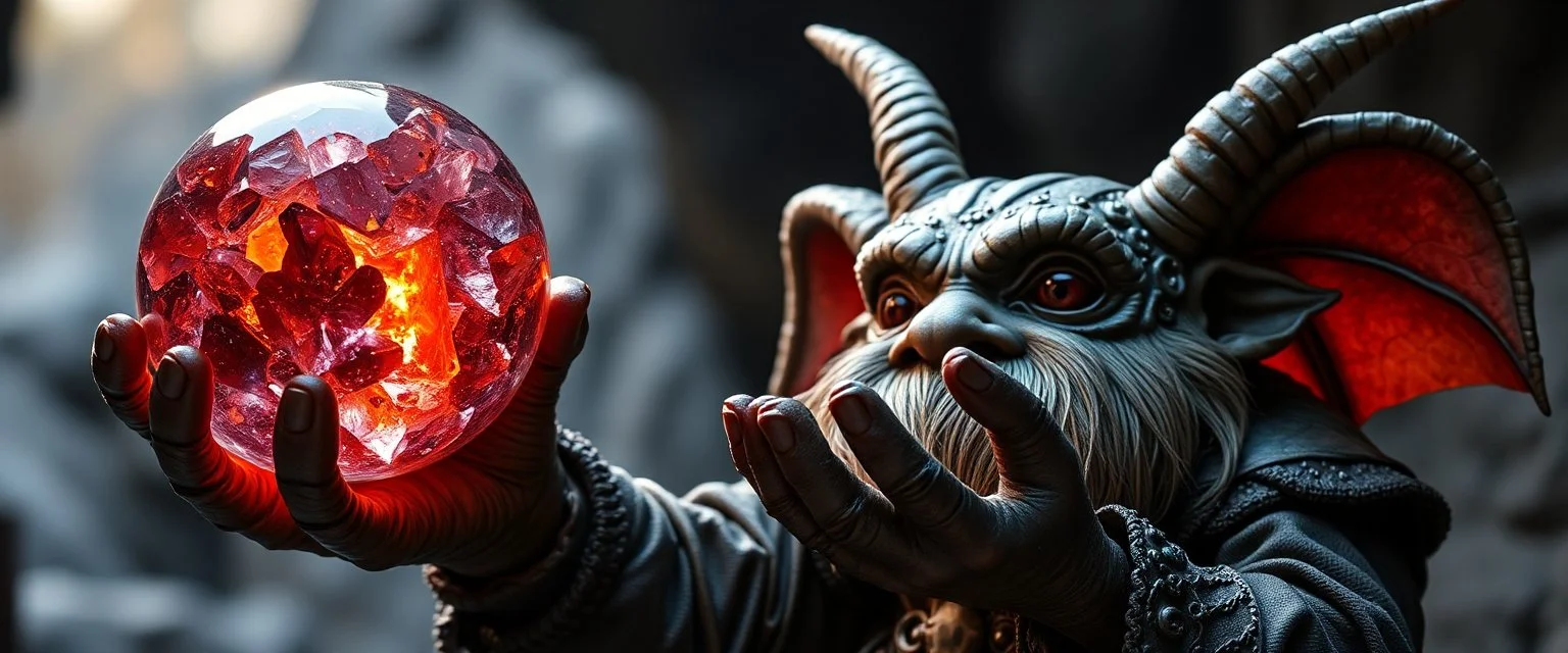 dark dwarf mining expert gremlin expert holding up a radiant Painite crystal rosette ball