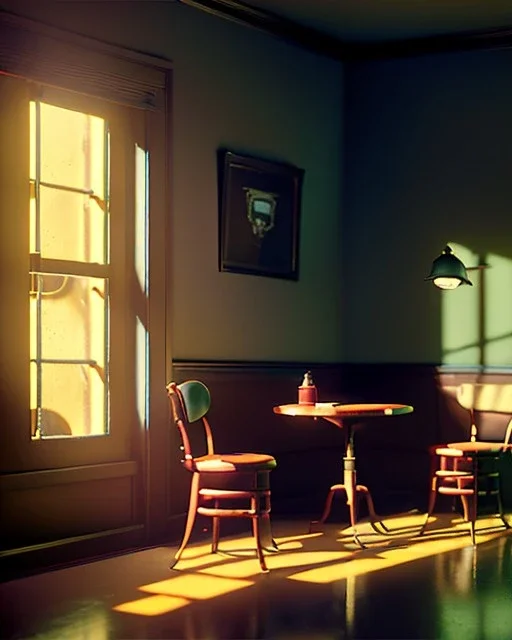 Scene, realistic image, retro futuristic, Edward Hopper style, smooth, unreal engine 5, god lights, ray tracing, RTX, lumen lighting, ultra detail, volumetric lighting, 3d.