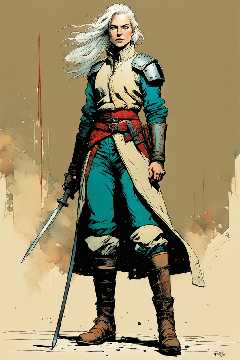 create an imaginative full body print illustration of an ethereal, otherworldly , pale female grandmaster Witcher with short flaxen hair wearing a tattered battle worn padded gambeson and boots , in the comic book art style of Bill Sienkiewicz, Mike Mignola, and Jean Giraud Moebius, with highly detailed feminine facial features , finely drawn, colored and inked,