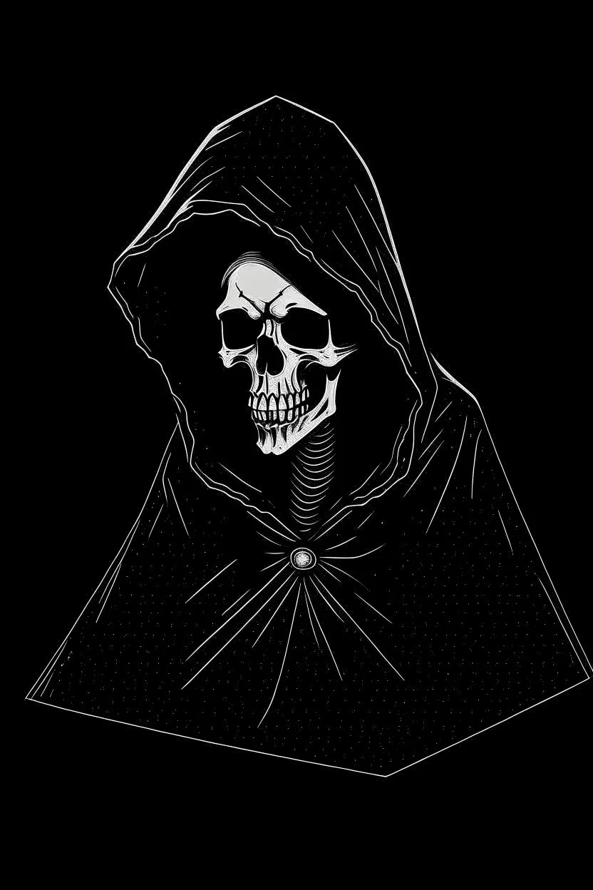 skeleton in a black hooded cloak drawn in a early animation rubberhose style, inside a light diamond shape on a black background, monochromatic