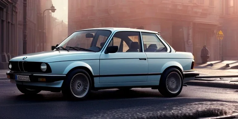 a 1990 bmw 2-door 4k ,ultra realistic,concept, 4k ,on street, parked in crowded city winter