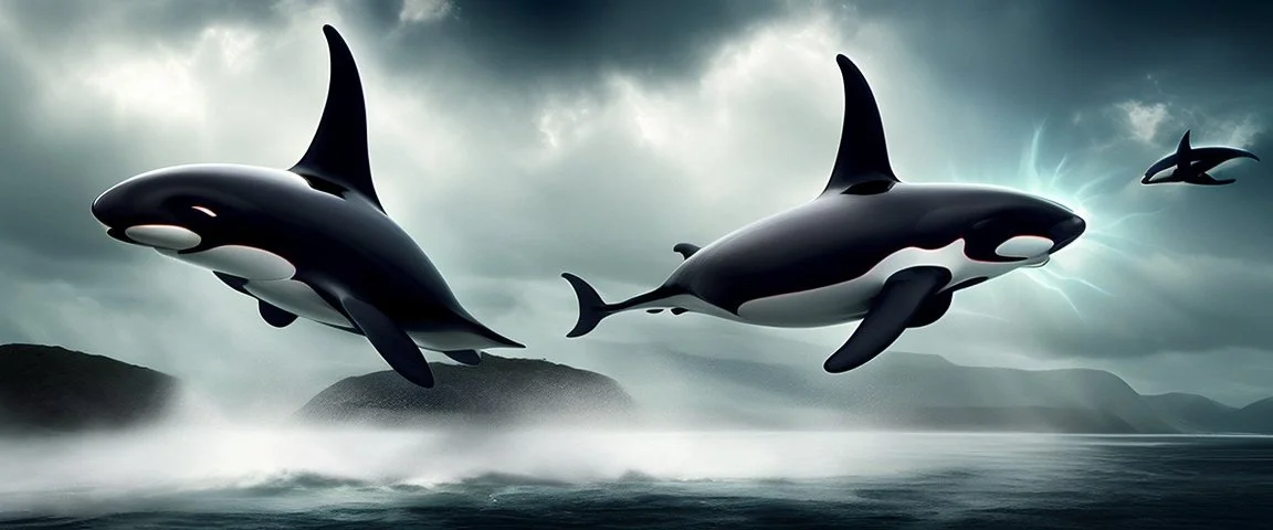 Beautiful create a surrealistic image of both animals together, create an orca and a flying elephant ; in a Black Landscape;Fine Art Photography By David LaChapelle; Aura Electrifying ;