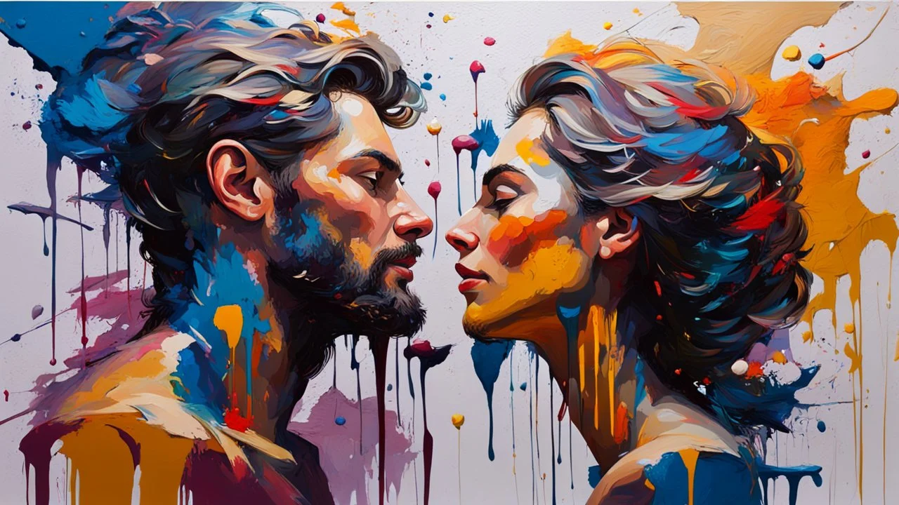 Painting with a dense palette, oil on canvas, hard strokes, paint drips, paint splashes. Love of a man and a woman