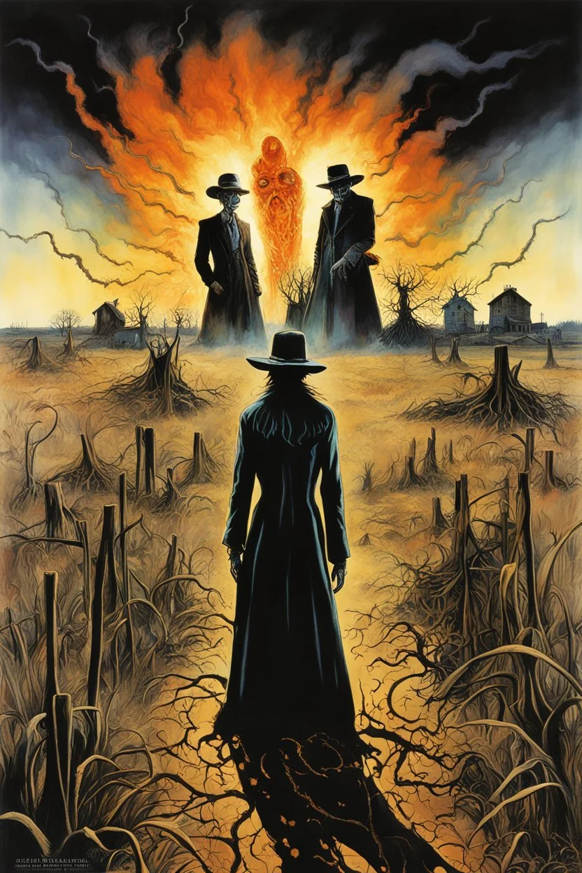 Modern horror Movie poster for text "BLACK LUNG HAY FEVER" layout by Drew Struzan, text "S.E. CASEY", by Gerald Scarfe, small dusty midwestern farm town set barren field afire to exorcise the spirits of two sinister scarecrows whose profiles can be seen in the distance, eerie, uncanny, ghastly surreal horror, digital collage art. double exposure effect, dark colors, dramatic, text "BLACK LUNG HAY FEVER"