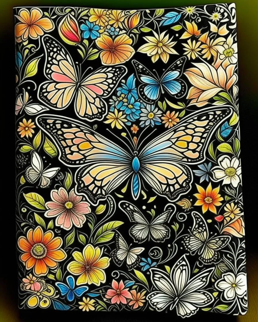 whimsical butterfly and flower, black backwound book cover for adults