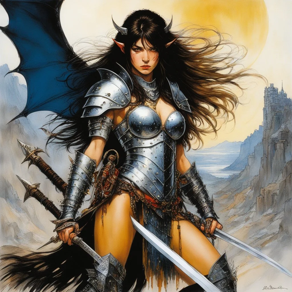 [art by Ralph Steadman] Masamune Shirow style: fantasy oil painting of a fierce female elf warrior wearing chainmail armor, she has long brown hair that cascades over her shoulders, she is standing beside the corpse of her enemy, a small dragon, her bloody sword sticking through its head into the ground, she has one hand on top of the swords pommel. She is extremely tall and muscular, ram horns on top of her head, vicious and fierce with large fangs