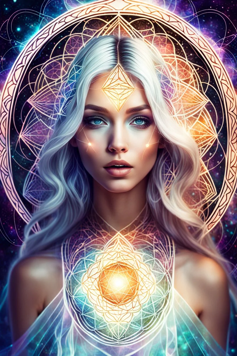 create an ethereal, otherworldly woman utilizing sacred geometry