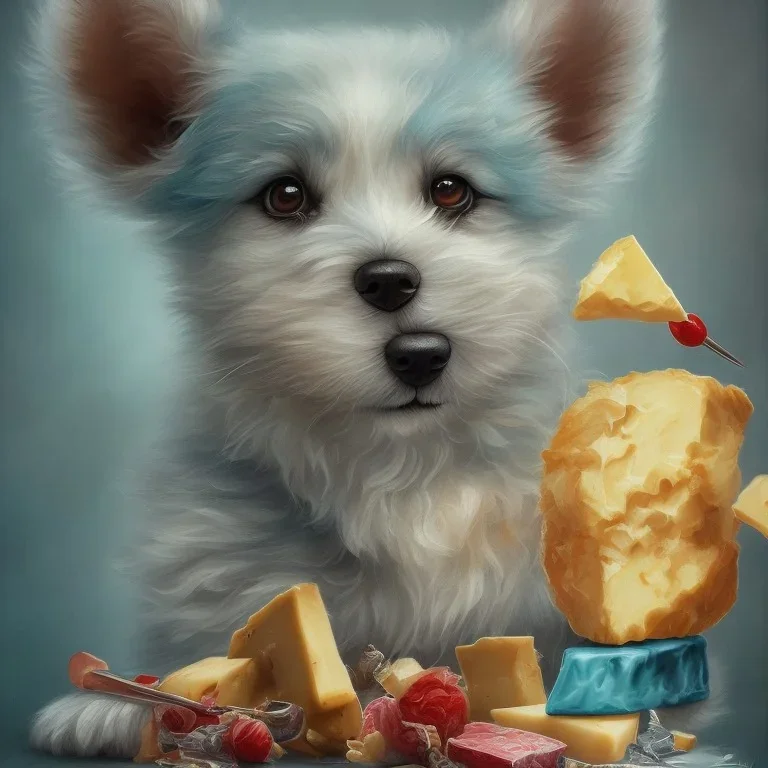 cute puppy eating cheese, art deco, romanticism, watercolor, visual novel, cheerful, furry, sleepy, rembrandt lighting, colorful lighting, blue, teal, aqua, red, purple, yellow, black, detailed, masterpiece