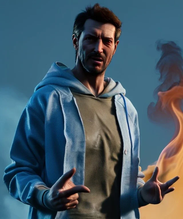 Realistic image, waist up view, a guy making the fuck off gesture with his hand, blue smoke coming out of his nose and mouth, happy. Latex cloth, inflatable hoodie, soft color, highly detailed, unreal engine 5, ray tracing, RTX, lumen lighting, ultra detail, volumetric lighting, 3d, finely drawn, high definition, high resolution.