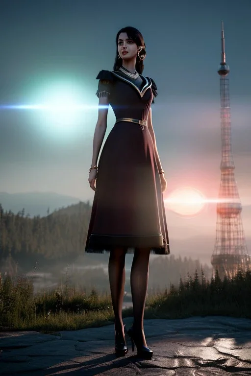 Tall woman, dark brown hair, red eyes, red blouse with black skirt, Ornate details, vibrant color, highly detailed, art stations, concept art, smooth, unreal engine 5, god lights, ray tracing, RTX, lumen lighting, ultra detail, volumetric lighting, 3d, finely drawn, high definition, 4k.
