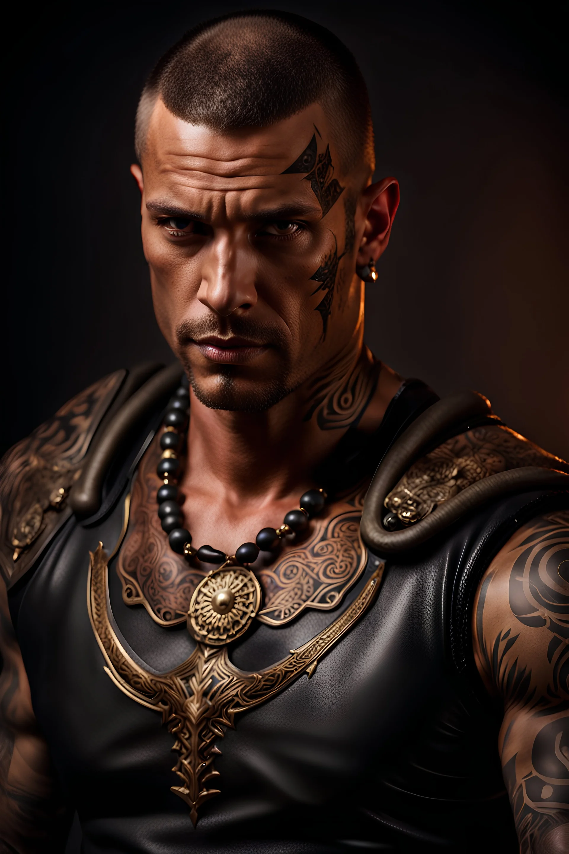 portrait of a 35 year old Handsome muscular mercenary with light bronze skin adorned with tattoos. dark fantasy. photorealistic