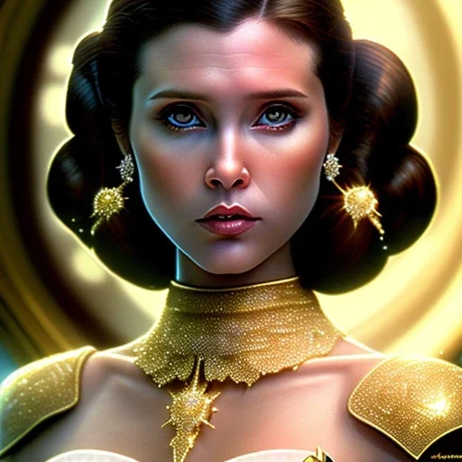 pltn style, beautiful photorealistic princess leia, hazel iris, tall, slender, long hair, smooth, flawless skin, deep, mysterious eyes, white and gold gown, intricate beading, sparkling jewels, diamonds, rubies, regal, dignified, graceful, fluid, ethereal quality, light steps, roses, jasmine scent, shimmering light, spirit, hope, joy, mortal, extraordinary beauty, charm, mystery, legend, fascination, cute big circular reflective eyes, Pixar render, unreal engine cinematic smooth, intricate