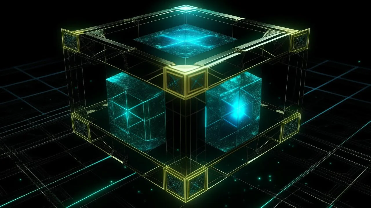 Square tesseract from movie Loki, located strictly in the middle of picture with space around it and with glow in tesseract, but without glow below it, without background or table.